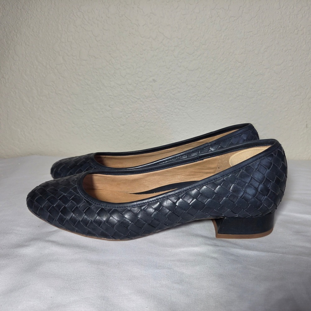 Brioso Navy Blue Woven Leather Block Heel Pumps Round Toe Womens 11M